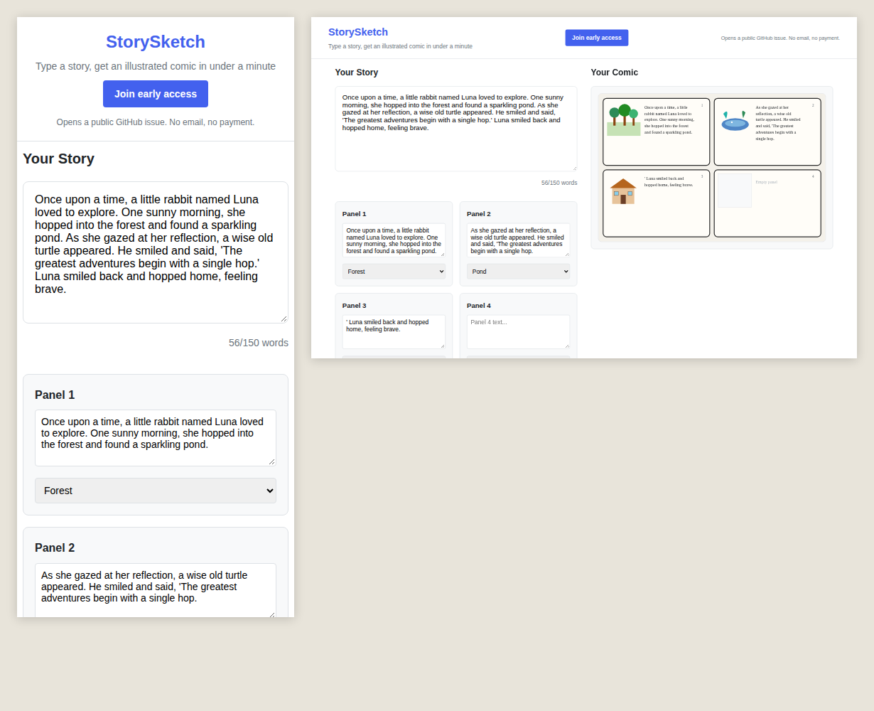 StorySketch at phone and desktop size
