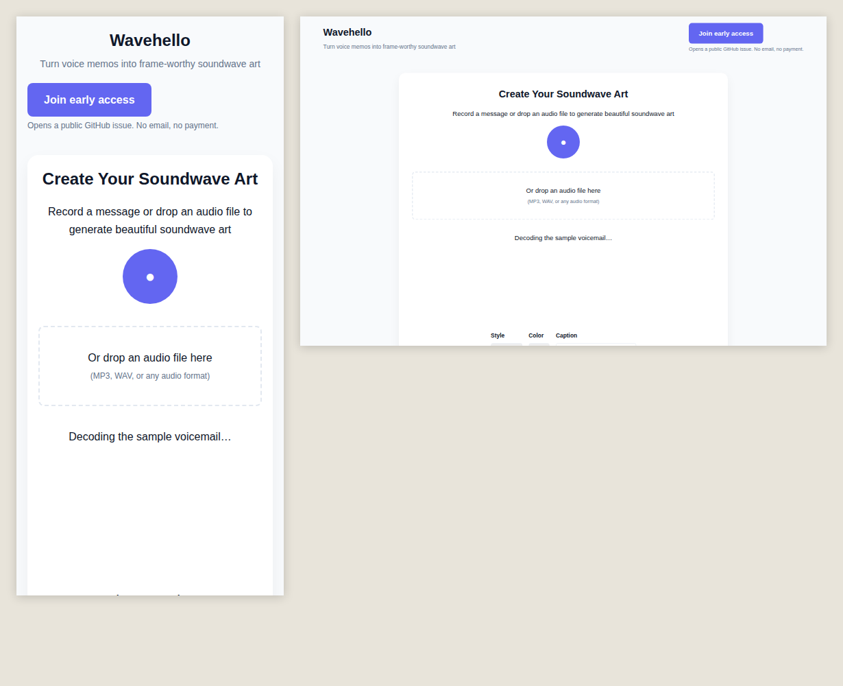 Wavehello at phone and desktop size